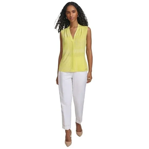 Calvin Klein Women's Pleated Geometric striped V-Neck Top Lime & White M - Picture 2 of 8